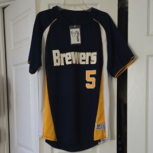 High Five Brewers Navy and Gold Baseball Jersey Adult Large